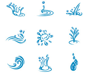 Liquid water splash, drop water set icons, waves, tears, spray, nature splashes vector
