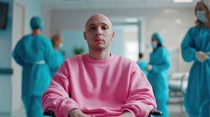 cancer male patient with no hair wearing pink sweatshirt