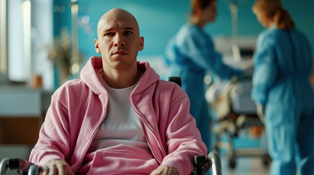 cancer male patient with no hair wearing pink sweatshirt