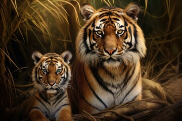 Obraz premium Tiger cub playing staring hiding in grass nature beauty, Tiger With her family, Ai generated