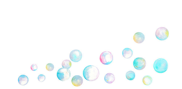 透明水彩で描いたカラフルなシャボン玉のイラスト素材　フレーム素材　背景イラスト	
