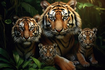 Tiger With her family, a realistic encounter between a mother tiger and her cubs in their natural...