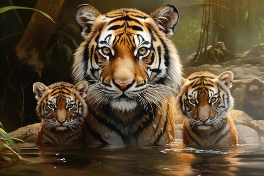 Tiger With her family, a realistic encounter between a mother tiger and her cubs in their natural habitat,  Ai generated