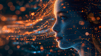 illustration of a woman's face filled with 3D neural network shaped golden particles depicting thinking or control over big data, machine learning, security system and artificial intelligence.