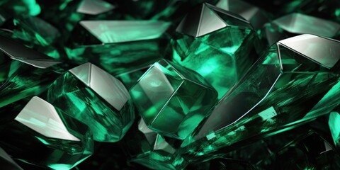 A lot of sharp emerald crystals with reflections and bright highlights