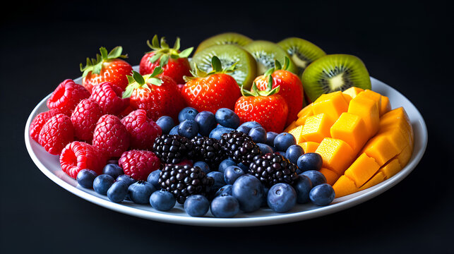 A plate of fresh fruit pictures isolated in black copy, generative ai
