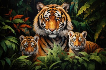 Tiger With her family ,Ferocious tiger family in nature, Ai generated