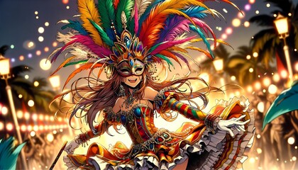 Anime style illustration with a girl character in costume celebrating the goa carnival. - obrazy, fototapety, plakaty
