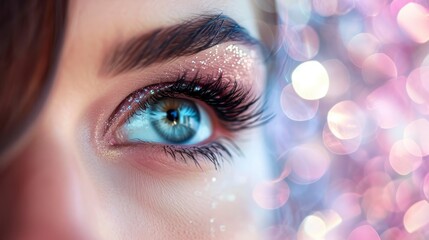 Eyes for cosmetic ad on bokeh background. Makeup Product Advertisement.
