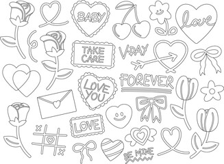 Valentine's Day icon outlines such as red rose, pink heart, flowers, love letter for sticker, tattoo, logo, card, decoration, print, sign, symbol, clothing, accessories, banner, colouring book