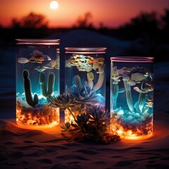 Create a bioluminescent desert night with glowing sand and mystical desert flora, Generative ai.