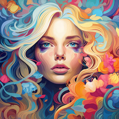 Blond girl with blue eyes. Abstract colorful AI illustration 007