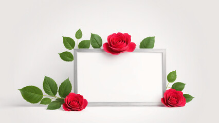 red roses and blank frame on white background 3d rendering