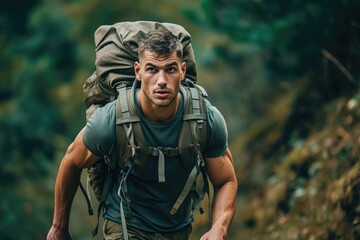 Obraz premium Adventurous Man Hiking Through Forest
