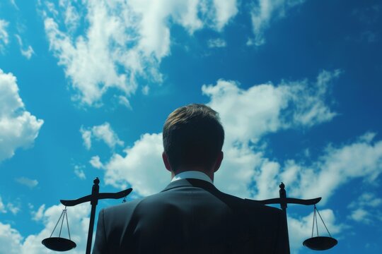 man from behind who is holding a pair of scales against a backdrop of a bright blue sky with scattered clouds