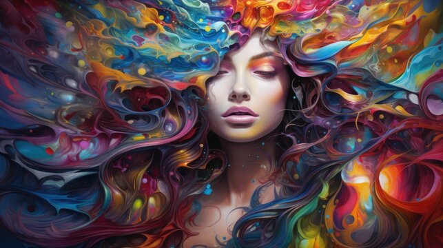 Surreal Woman with Flowing Colorful Hair
