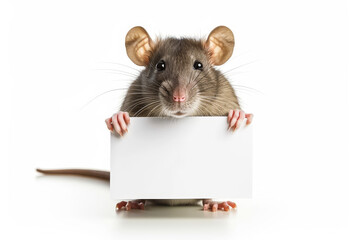 Cute little rat holding blank sign, isolated on white background