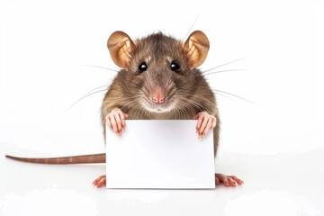 Little rat holding blank sign, isolated on white background