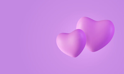 3d cartoon inflated hearts flying on purple gradient background. Valentine's day, birthday minimal romantic banner with copy space. Balloon shape in plastic style. Vector illustration. Love object.