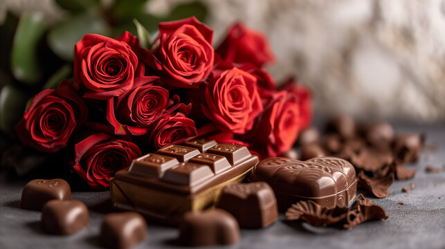 Valentine day. A romantic still life photograph capturing a bouquet of vibrant red roses and a heart-shaped box of chocolates, bathed in soft natural light, showcasing the velvety petals, rich.