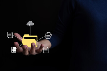 Document Management System DMS, Online document database management, Organization document Organized, automated processes to manage files, ERP enterprise efficient, business technology.