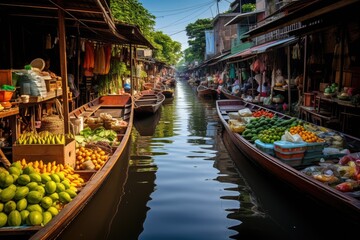 Fototapeta premium Boat tour through the floating markets of Bangkok, Thailand.