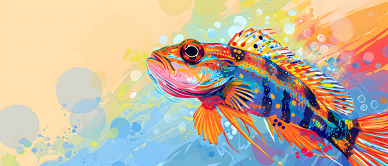 Fototapeta na wymiar Colorful Fish Painting on Blue and Yellow Background