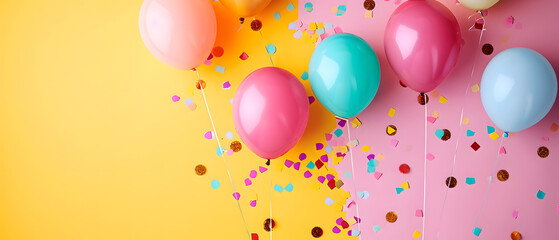 Colorful Balloons and Confetti on Yellow and Pink Background