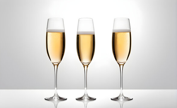 Three champagne glasses on a simple white background, Valentine's Day, Christmas. Generative AI