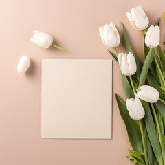 Minimalistic card mockup with tulip, white flower, craft envelope, flat lay, top view. Generative Ai