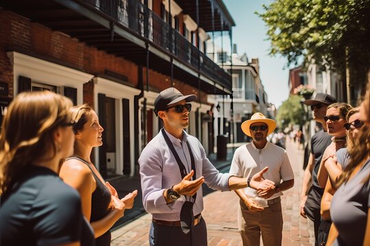 A tour guide leading a group through historic city streets.