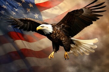 Naklejka premium eagle flying in the sky holding an American flag in its talons, Bald eagle flying with the American flag Ai generated