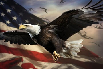 eagle flying in the sky holding an American flag in its talons, Bald eagle flying with the American flag Ai generated