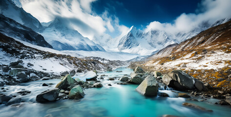 Fantastic panoramic view of snow-capped mountains, Beautiful panoramic view of Himalayas in Nepal.