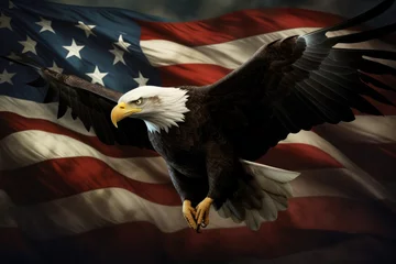 Zelfklevend Fotobehang eagle flying in the sky holding an American flag in its talons, Bald eagle flying with the American flag Ai generated © Tanu