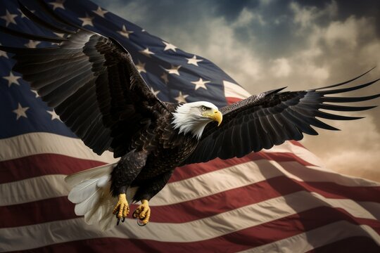 Bald eagle flying with the American flag ,An American flag and a bald eagle in flight, Ai generated