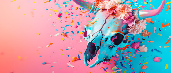 Cow Skull With Flowers Surrounded by Confetti