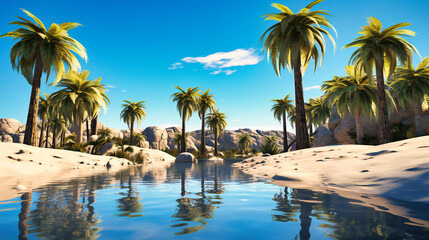 Fototapeta premium Oasis Landscape in a Desert, Tropical Palm Trees and Water, Travel Background with Green Nature in a Dry Area