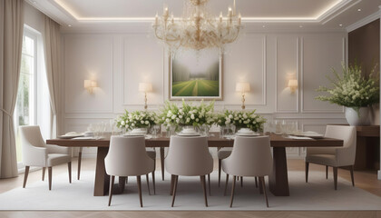 Modern luxury elegant dining room, spring flowers on the table.interior decoration. Well-appointed interior design.