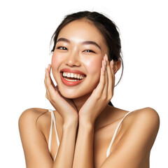 Beautiful beauty asian young woman posing with makeup style with touch her face and perfect skin, Facial treatment, Cosmetology, plastic surgery, isolated on white background, png