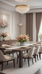 Modern luxury elegant dining room, spring flowers on the table.interior decoration. Well-appointed interior design.