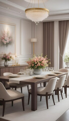Fototapeta premium Modern luxury elegant dining room, spring flowers on the table.interior decoration. Well-appointed interior design.