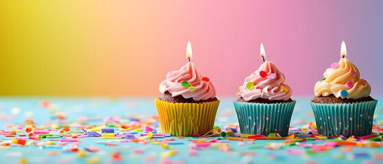 Three Cupcakes With Lit Candles on a Table - obrazy, fototapety, plakaty