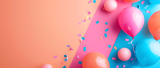 Vibrant Balloons and Confetti on Pink and Blue Background