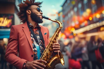 A musician passionately playing the saxophone on a vibrant city street, with people stopping to listen and groove to the music. - obrazy, fototapety, plakaty