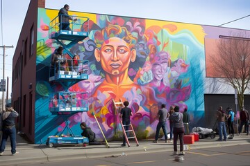 An artist painting a vibrant mural on a city wall, passersby pausing to admire the evolving artwork taking shape.
