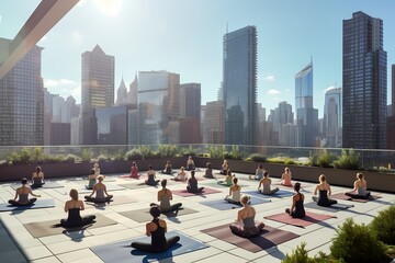 A serene yoga session in progress on a tranquil rooftop garden, participants in various poses against a backdrop of city skyscrapers.