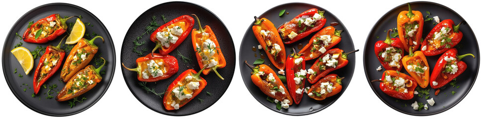 Stuffed pointed peppers with goat cheese on a plate, top view - obrazy, fototapety, plakaty