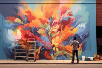 A street artist painting a vibrant mural on a city wall, each brushstroke adding life and color to the urban landscape.
