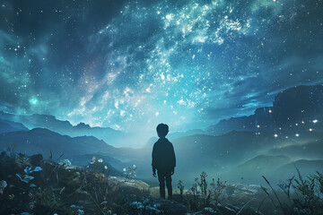 Fototapeta premium The silhouette embraces the beauty of contrasting elements - one serene figure and another in the vast space. Combining the magic of nature and the universe